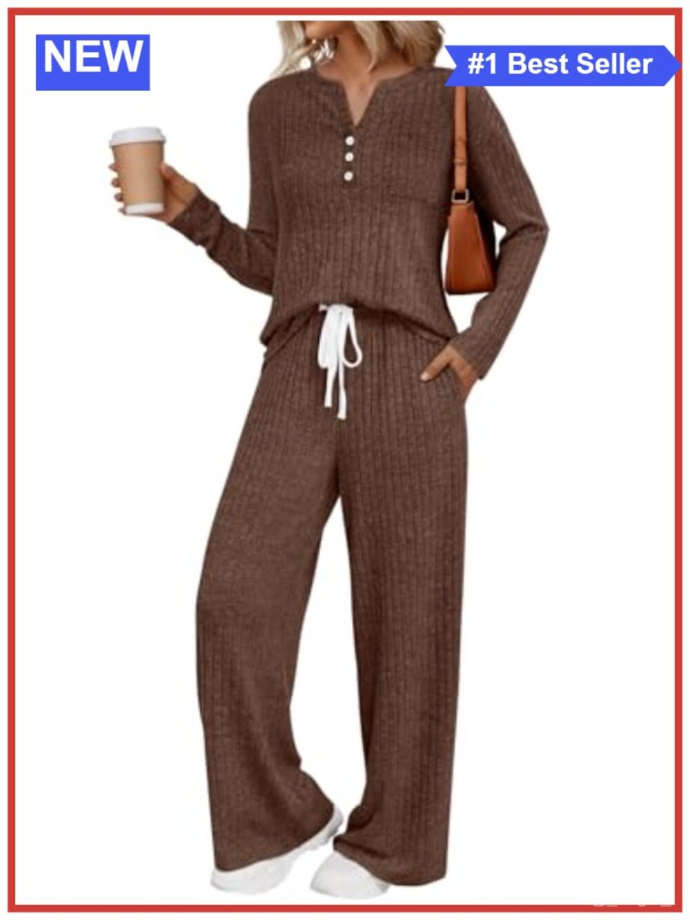 2 Piece Lounge Set Long Sleeve Henley Top Drawstring Wide Leg Pants Pockets